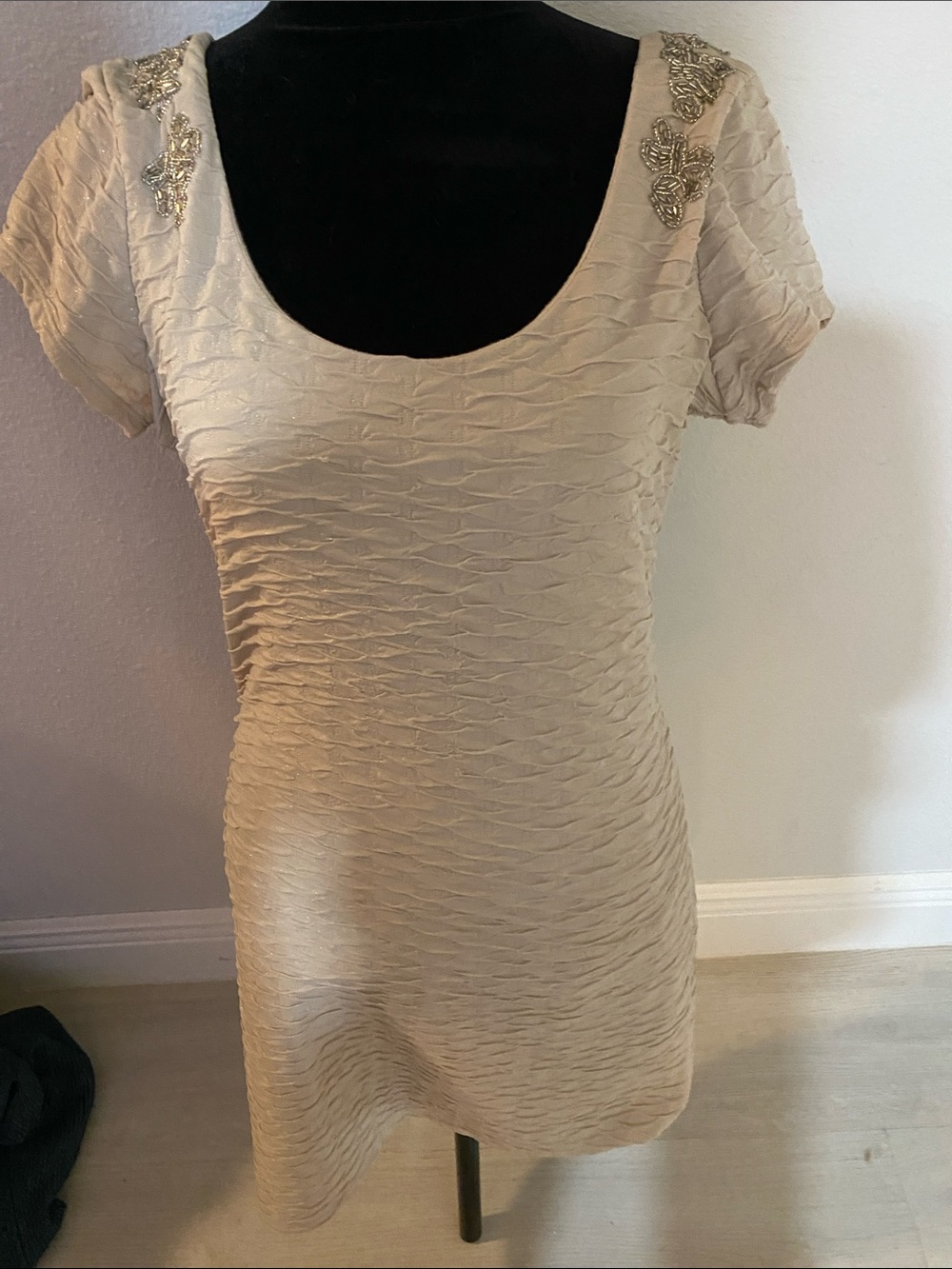 Free People Cream Textured Scoop Neck Midi Dress with Beaded Shoulders